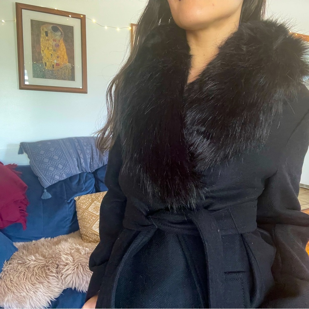 Long Wool Blend Wrap Tie Coat from Zara with Faux Fur